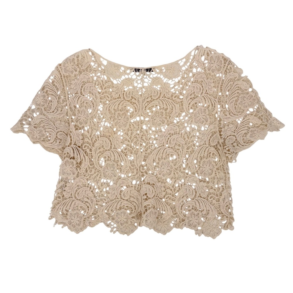 Vintage Forever 21 90s Lace Crop Top Women Medium Beige Boho Scalloped Hem - Picture 2 of 5
